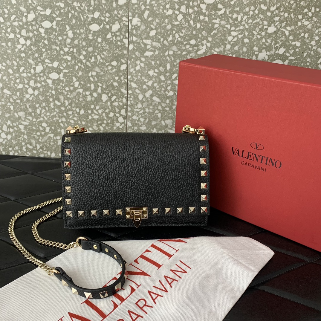 Valentino Garavani Rockstud Small Shoulder Bag in Black Grainy Calfskin